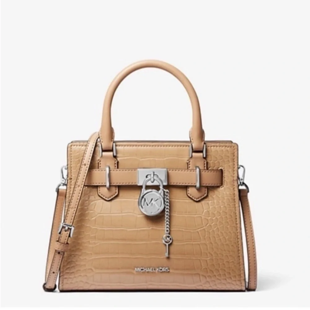 Michael Kors Tan Crocodile-Embossed Faux Leather Small Hamilton Satchel